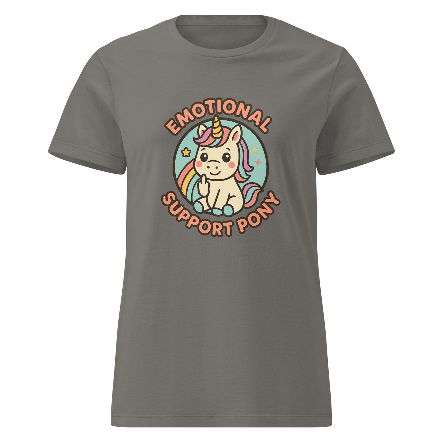 Gray t-shirt with a colorful graphic of a unicorn and text 'Emotional Support Pony' on a white background.