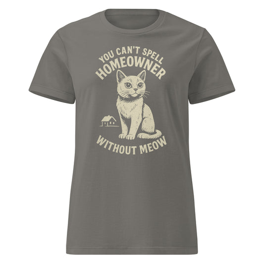 Gray t-shirt with a cat graphic and text on a white background