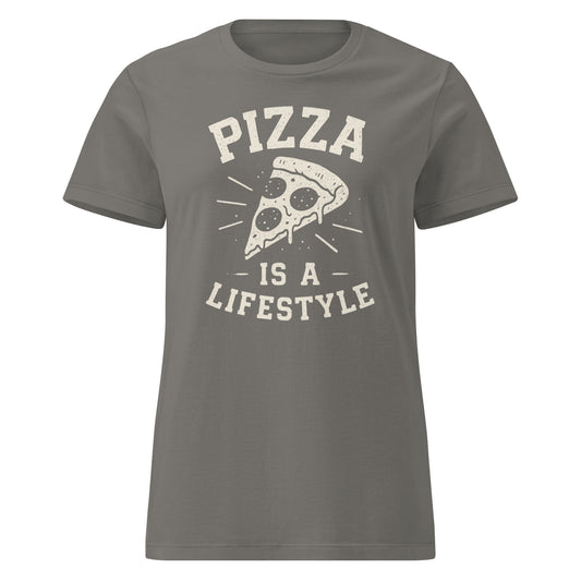 Gray t-shirt with 'Pizza is a Lifestyle' graphic on a white background