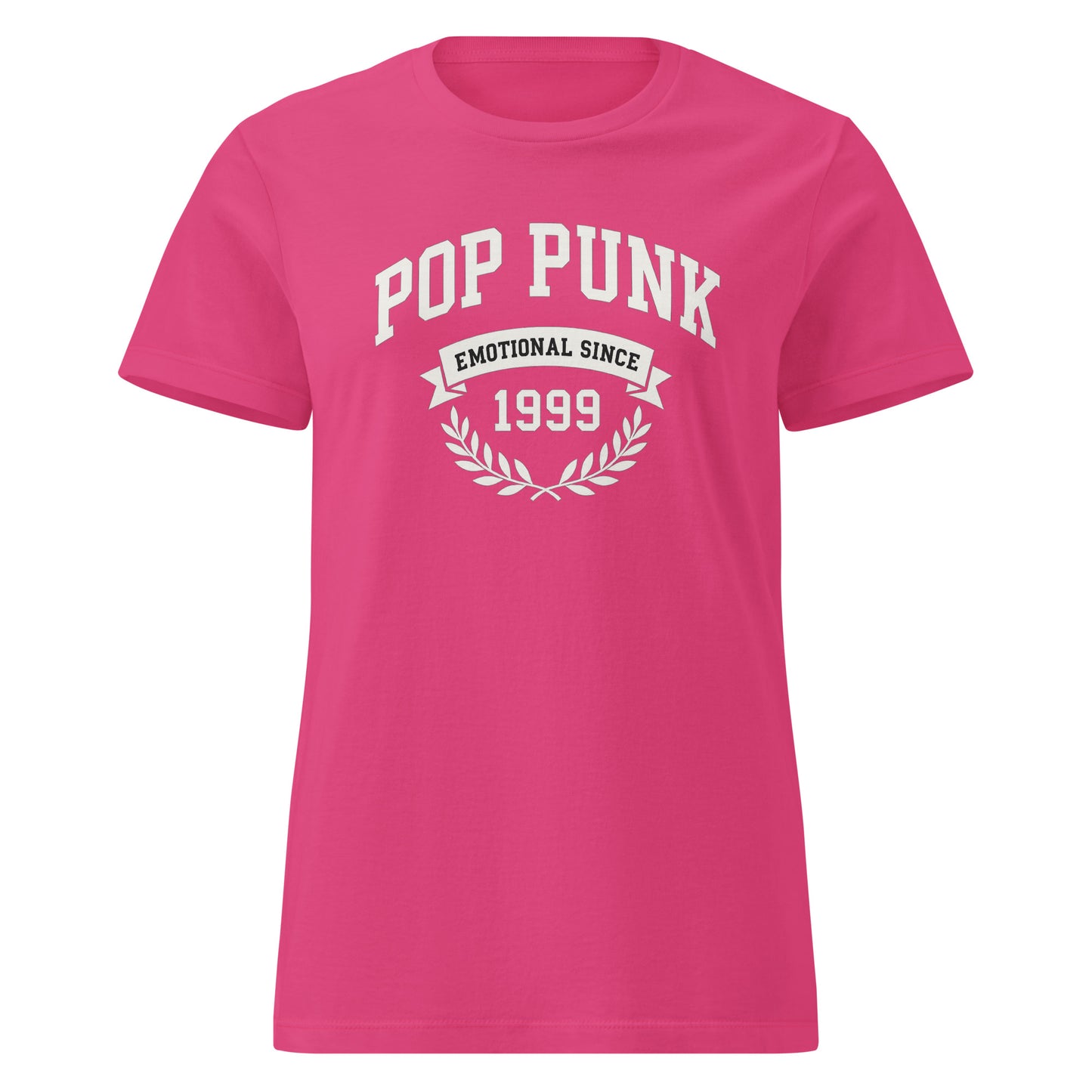 Pink t-shirt with 'Pop Punk Emotional Since 1999' text on a white background