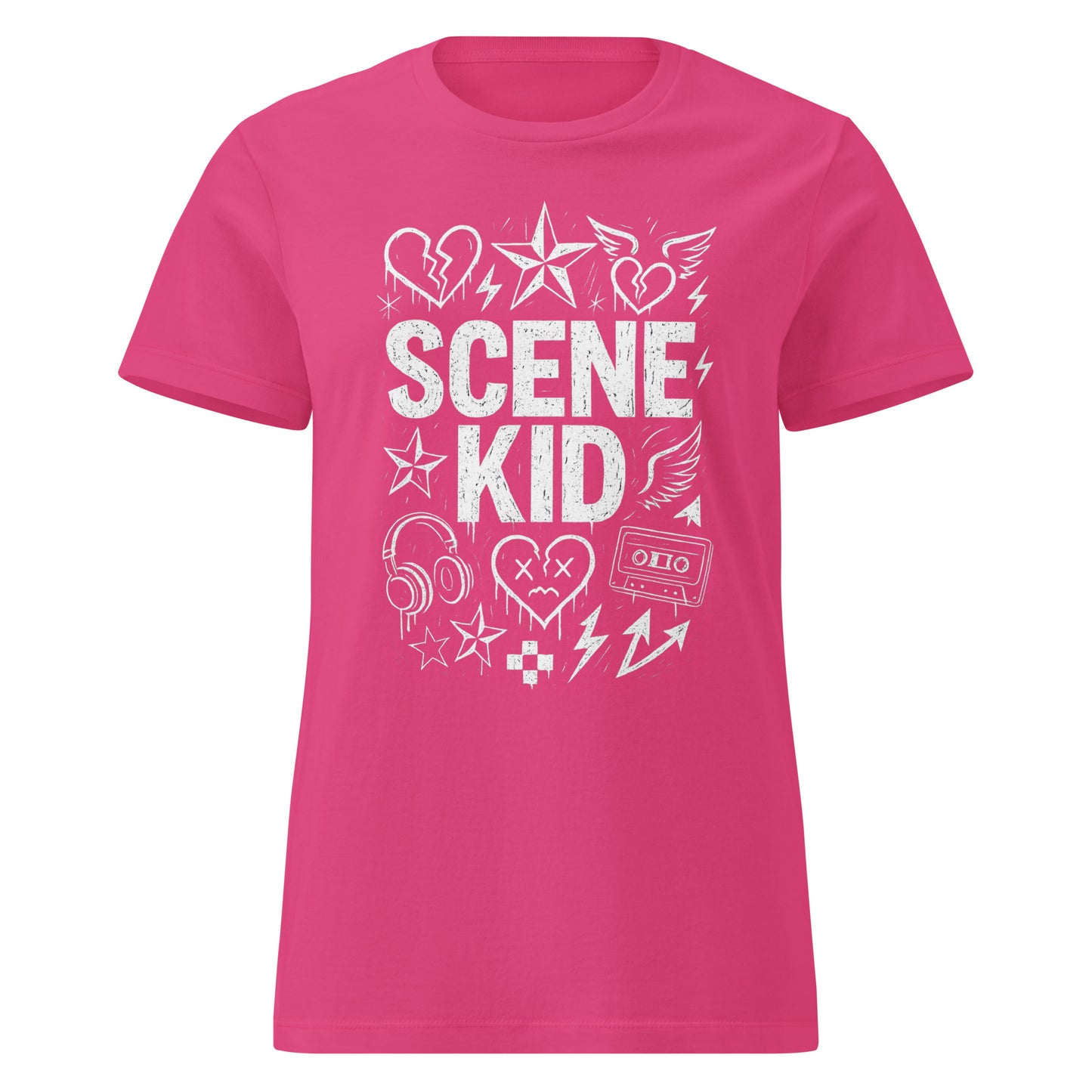 Pink t-shirt with 'SCENE KID' text and graphics on a white background