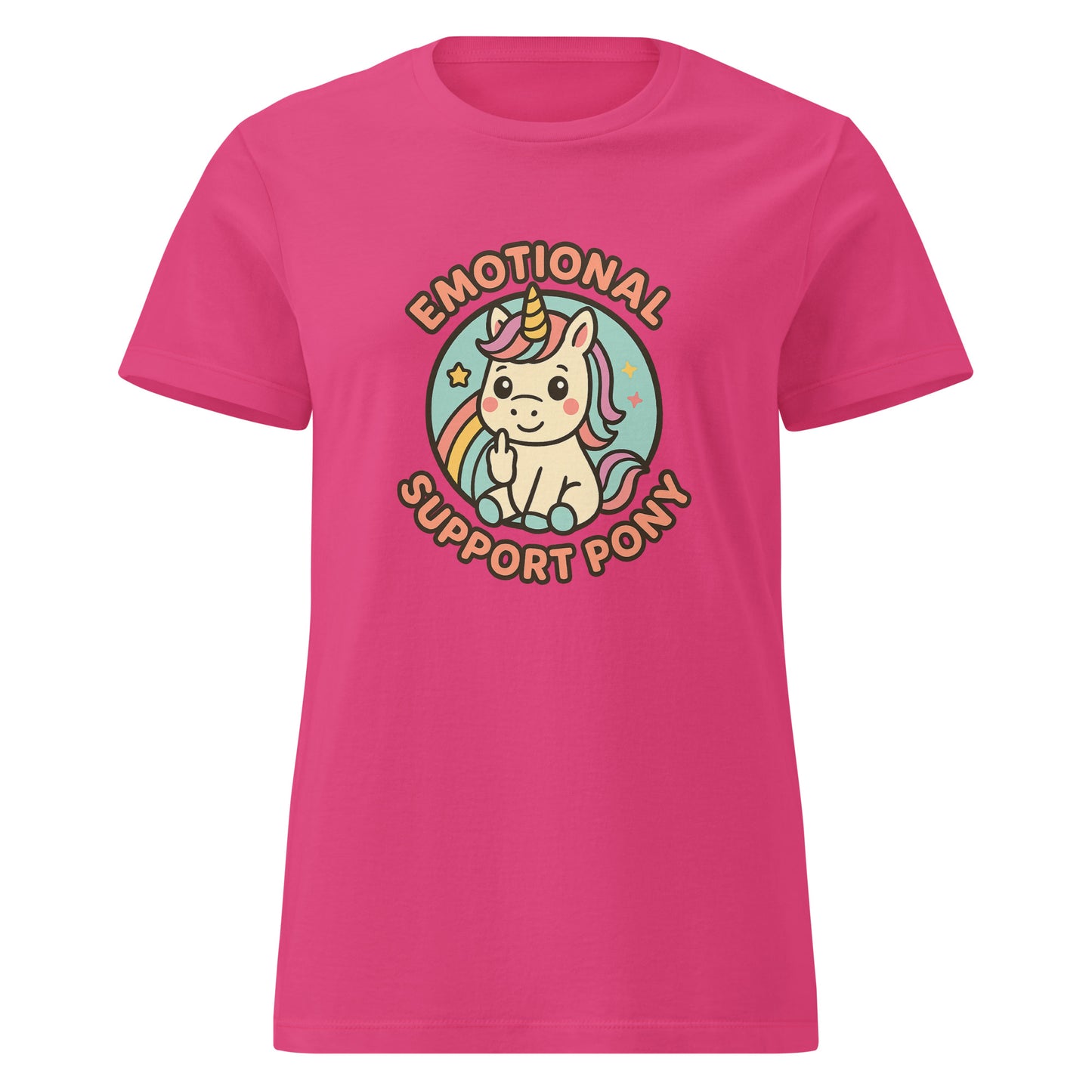 Pink t-shirt with a cartoon pony and text on a white background