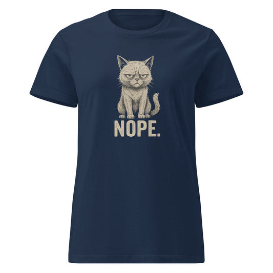 Navy blue t-shirt with a graphic of a cat and 'NOPE.' text on a white background