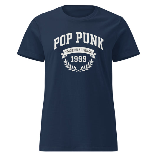 Navy blue t-shirt with 'Pop Punk Emotional Since 1999' text on a white background