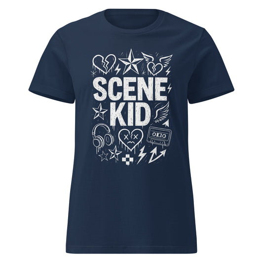 Navy blue t-shirt with 'SCENE KID' graphic design on a white background