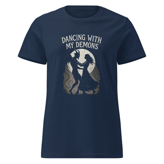 Navy blue t-shirt with 'Dancing with My Demons' graphic design on a white background