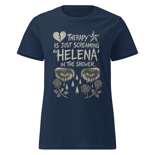 Navy blue Women’s softstyle t-shirt with bold Helena slogan, referencing screaming dramatic lyrics in the shower as therapy