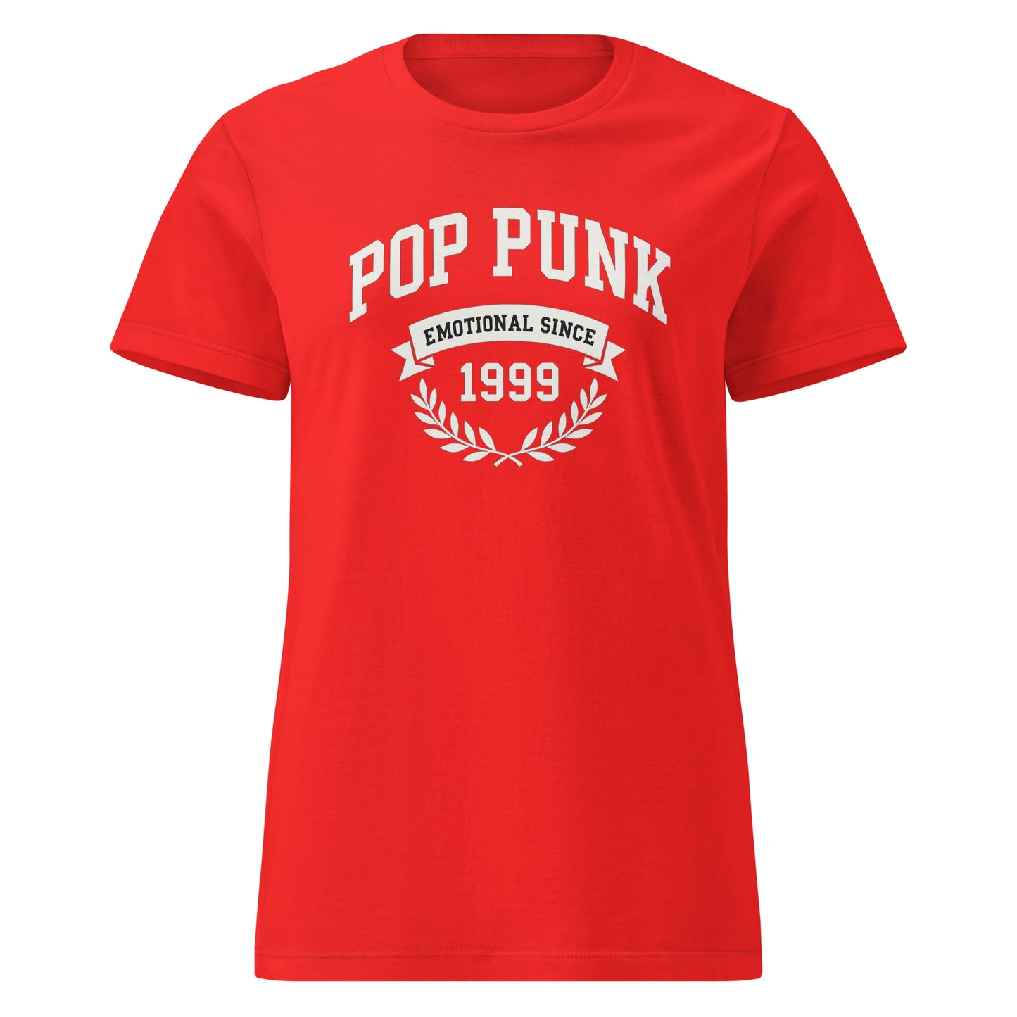 Red t-shirt with 'Pop Punk Emotional Since 1999' text on a white background