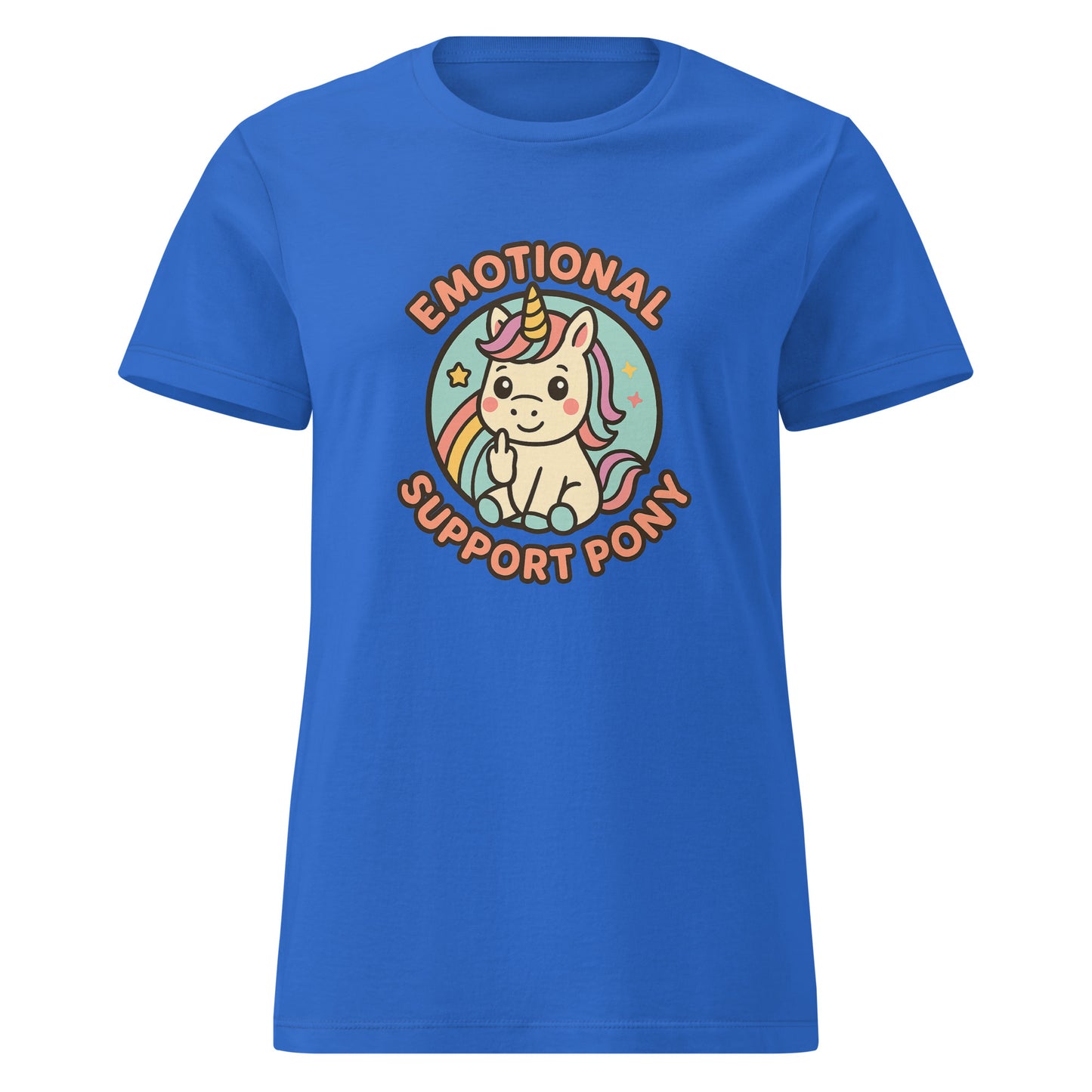 Blue t-shirt with a unicorn graphic and 'Emotional Support Pony' text on a white background