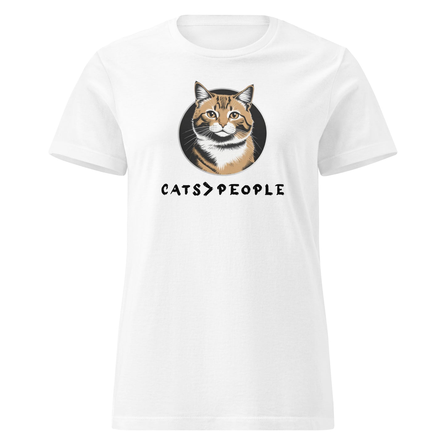 White t-shirt with a cat graphic and 'CATS > PEOPLE' text on a white background