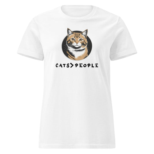 White t-shirt with a cat graphic and 'CATS > PEOPLE' text on a white background