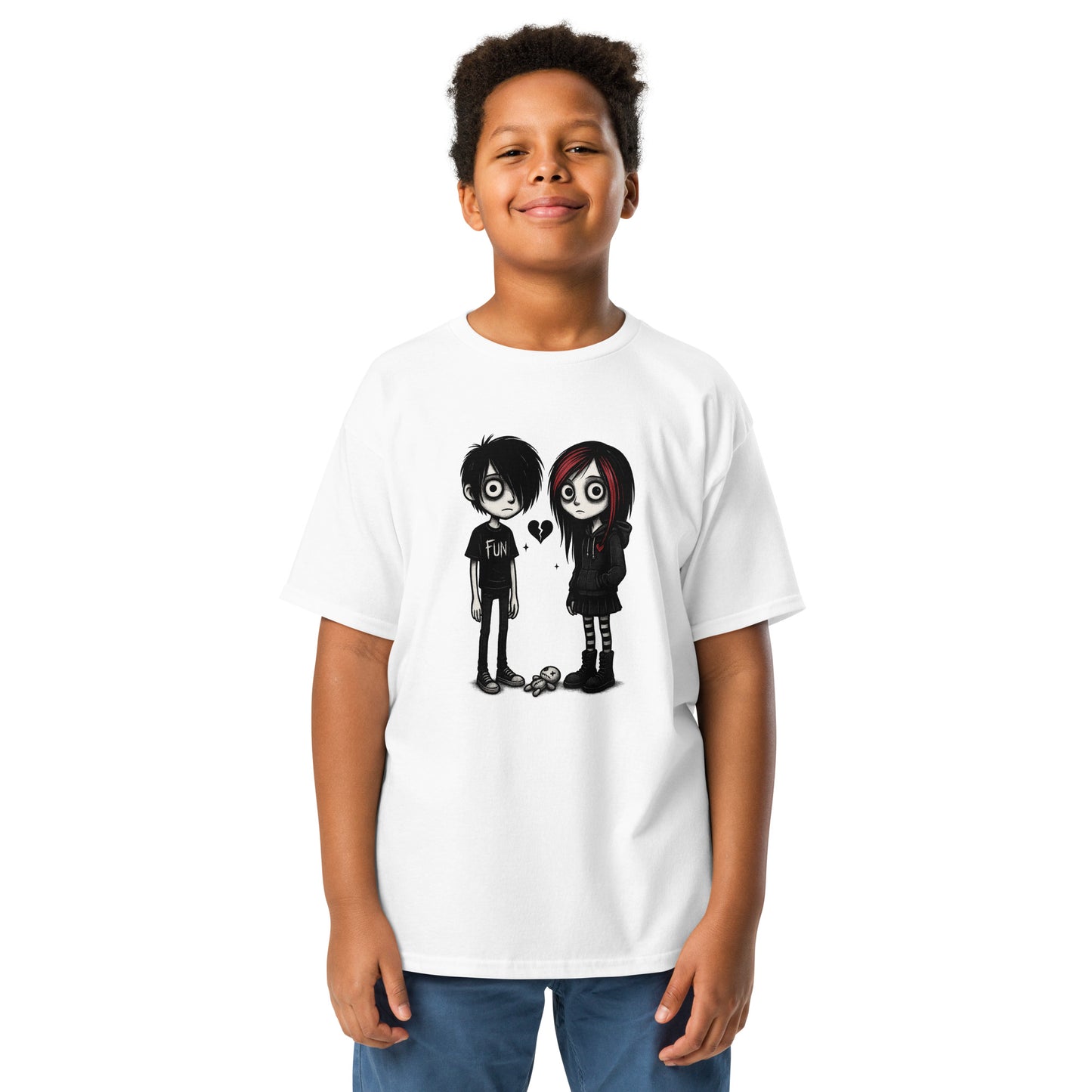 Child wearing a white t-shirt with cartoon characters on a white background