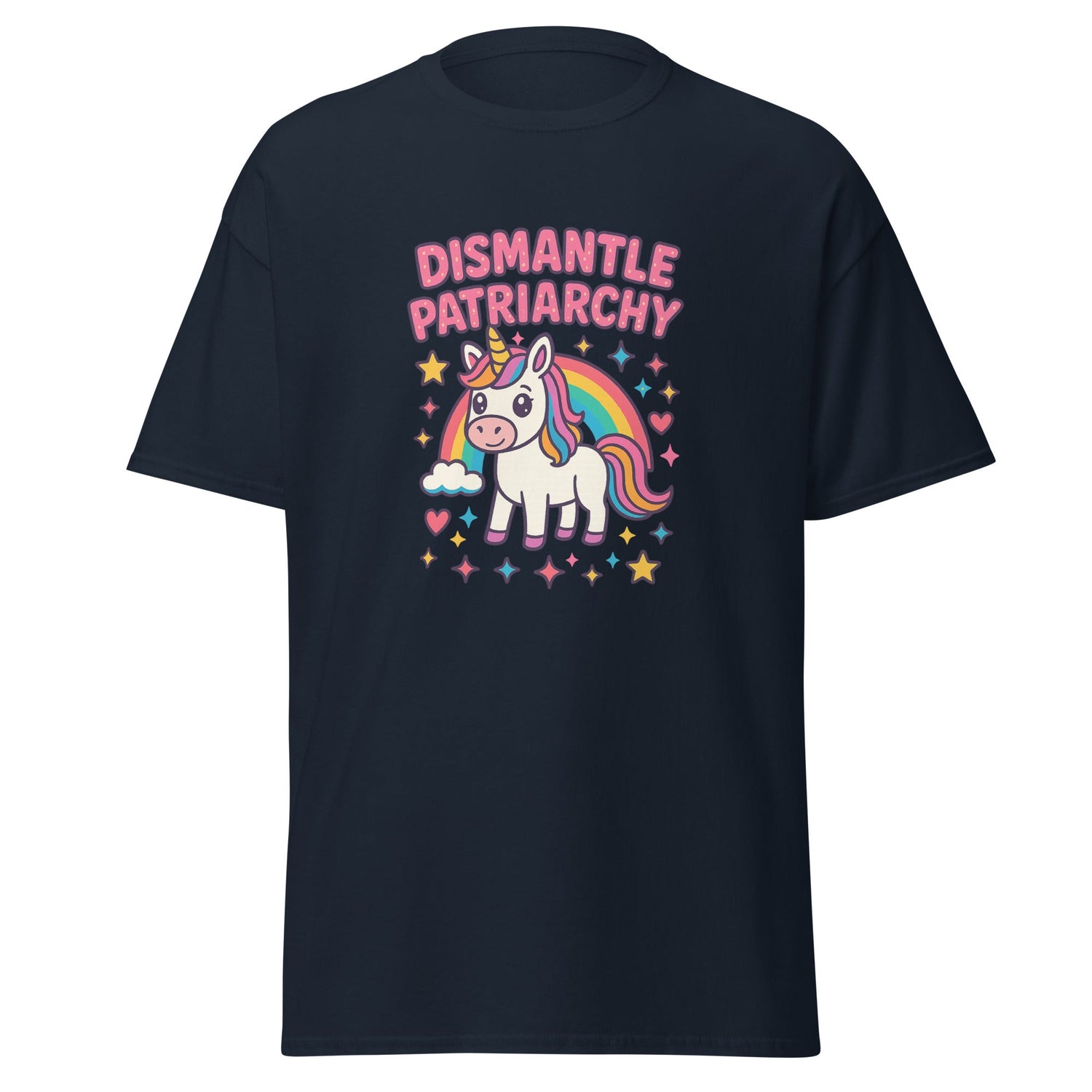 Black shirt with colorful stars and a unicorn next to a rainbow. Above is a text that reads "Dismantle Patriarchy"