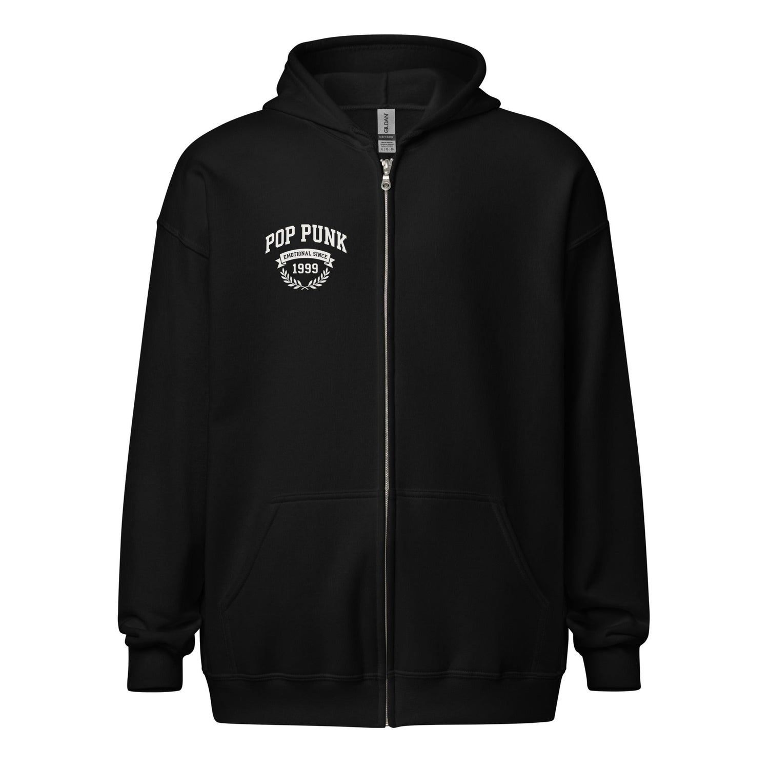 black hoodie with a small text on the left chest reading "Pop Punk, emotional siince 1999"