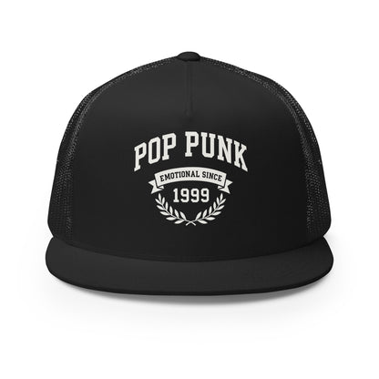 Black trucker cap with 'Pop Punk Emotional Since 1999' text on a white background