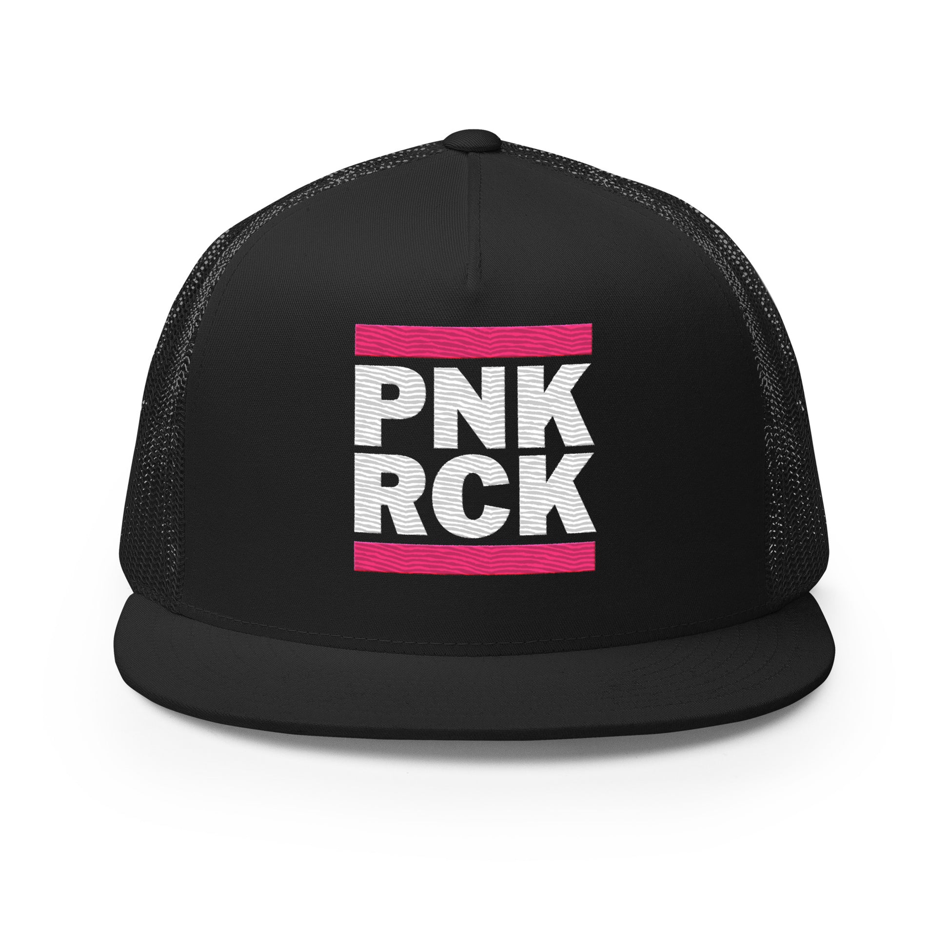 Black trucker cap with 'PNK RCK' text on a white background
