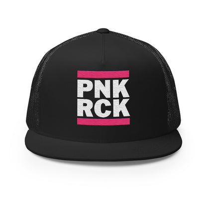 Black trucker cap with 'PNK RCK' text on a white background