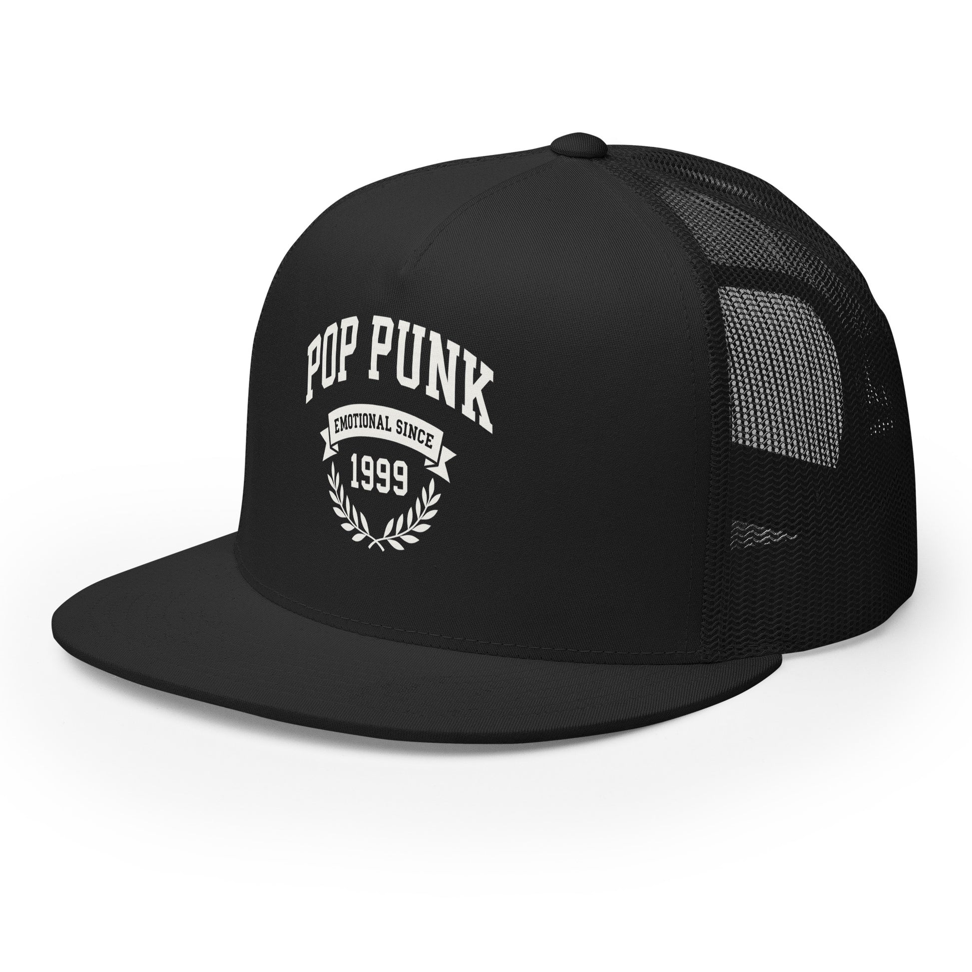 Black trucker cap with 'Pop Punk Emotional Since 1999' text on a white background
