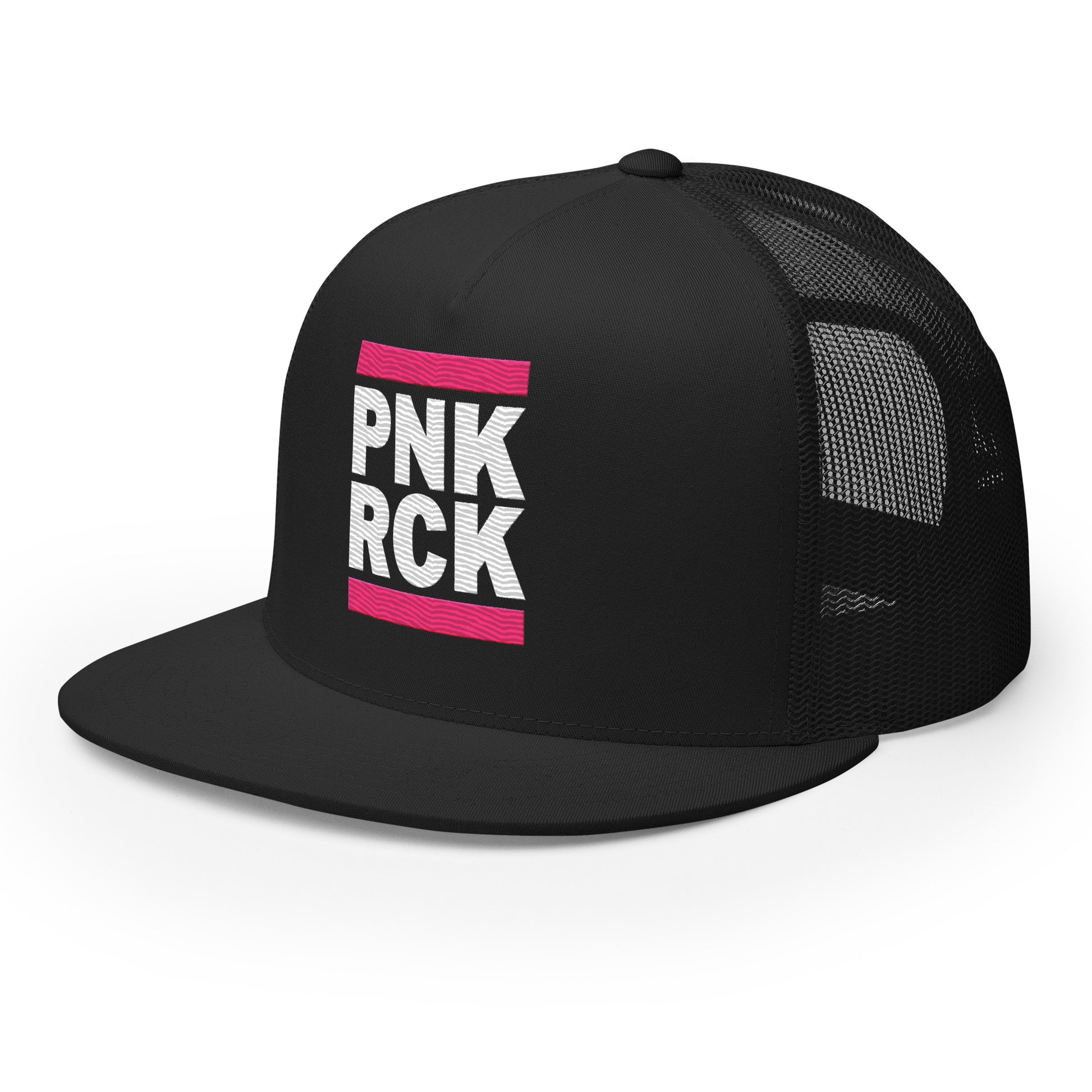 Black trucker cap with 'PNK RCK' text on a white background