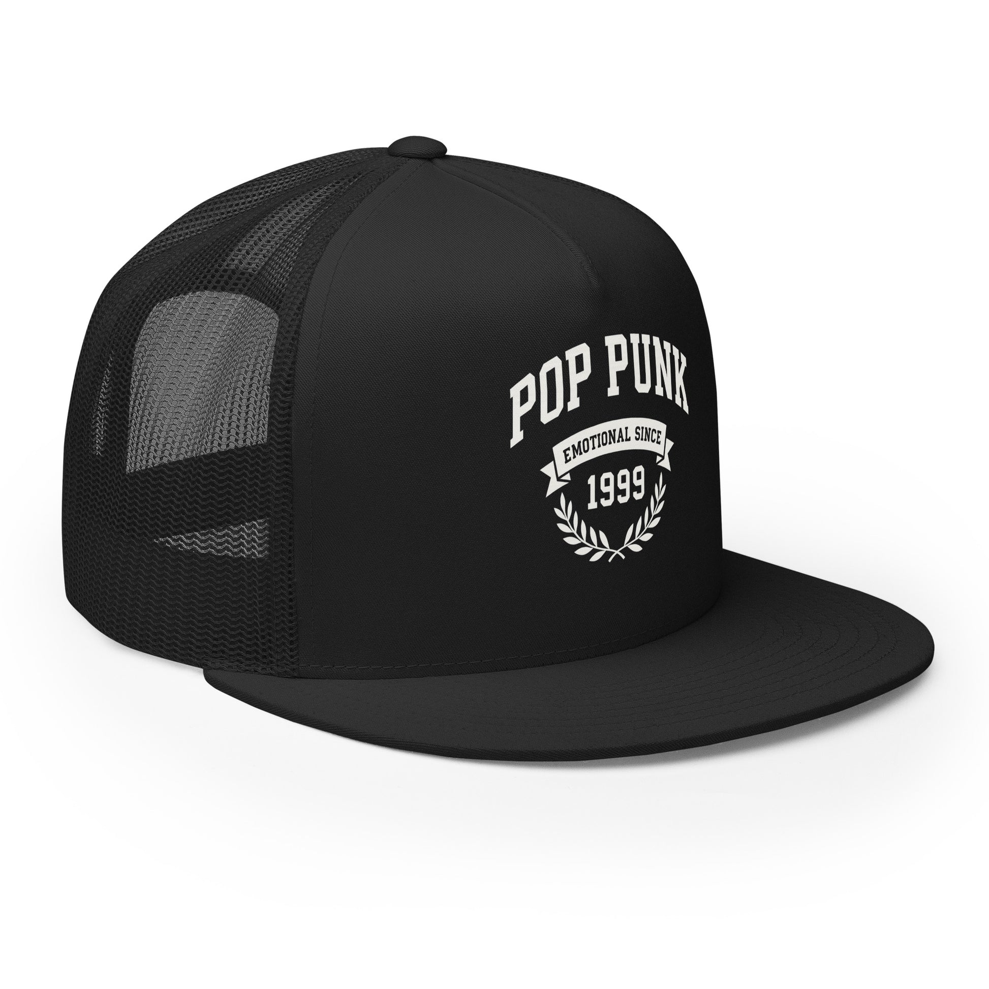 Black trucker cap with 'Pop Punk Emotional Since 1999' text on a white background