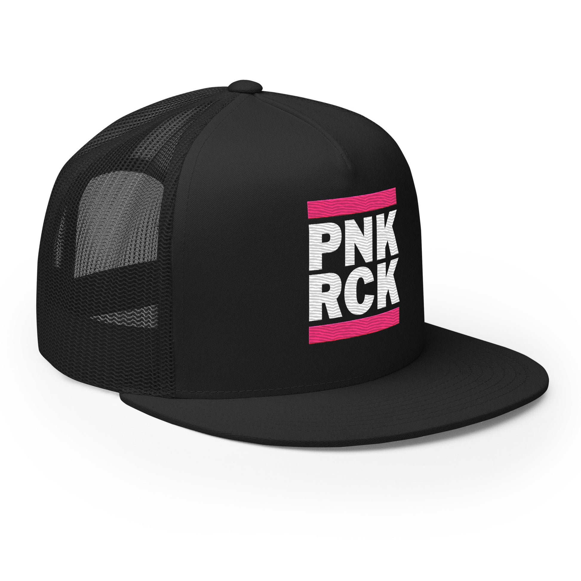 Black mesh cap with 'PNK RCK' text on a white background