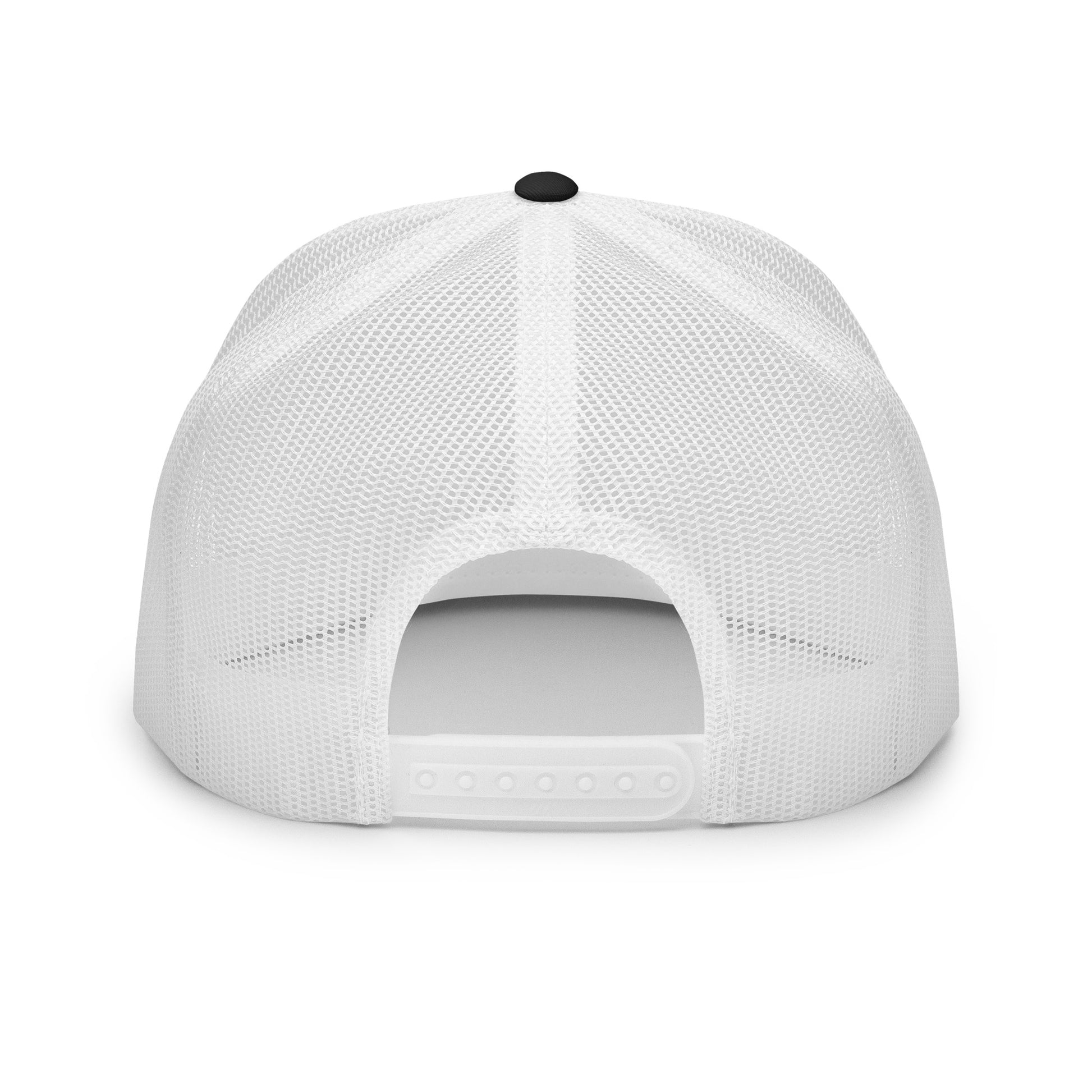 White mesh cap with a black button on a white background