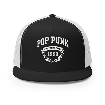 Black and white cap with 'Pop Punk Emotional Since 1999' text on a white background