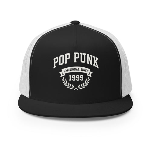 Black and white cap with 'Pop Punk Emotional Since 1999' text on a white background