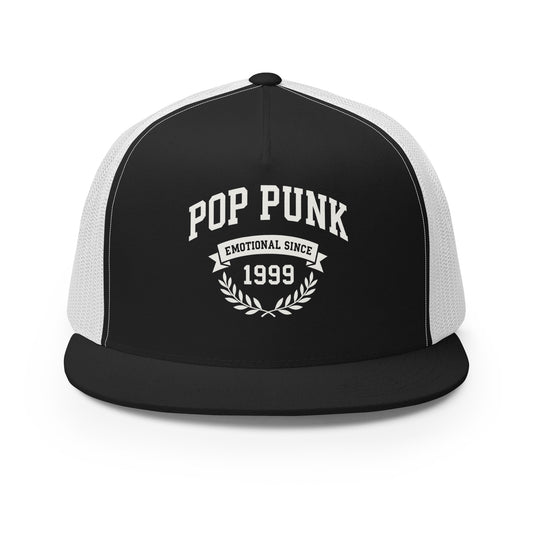 Black and white cap with 'Pop Punk Emotional Since 1999' text on a white background