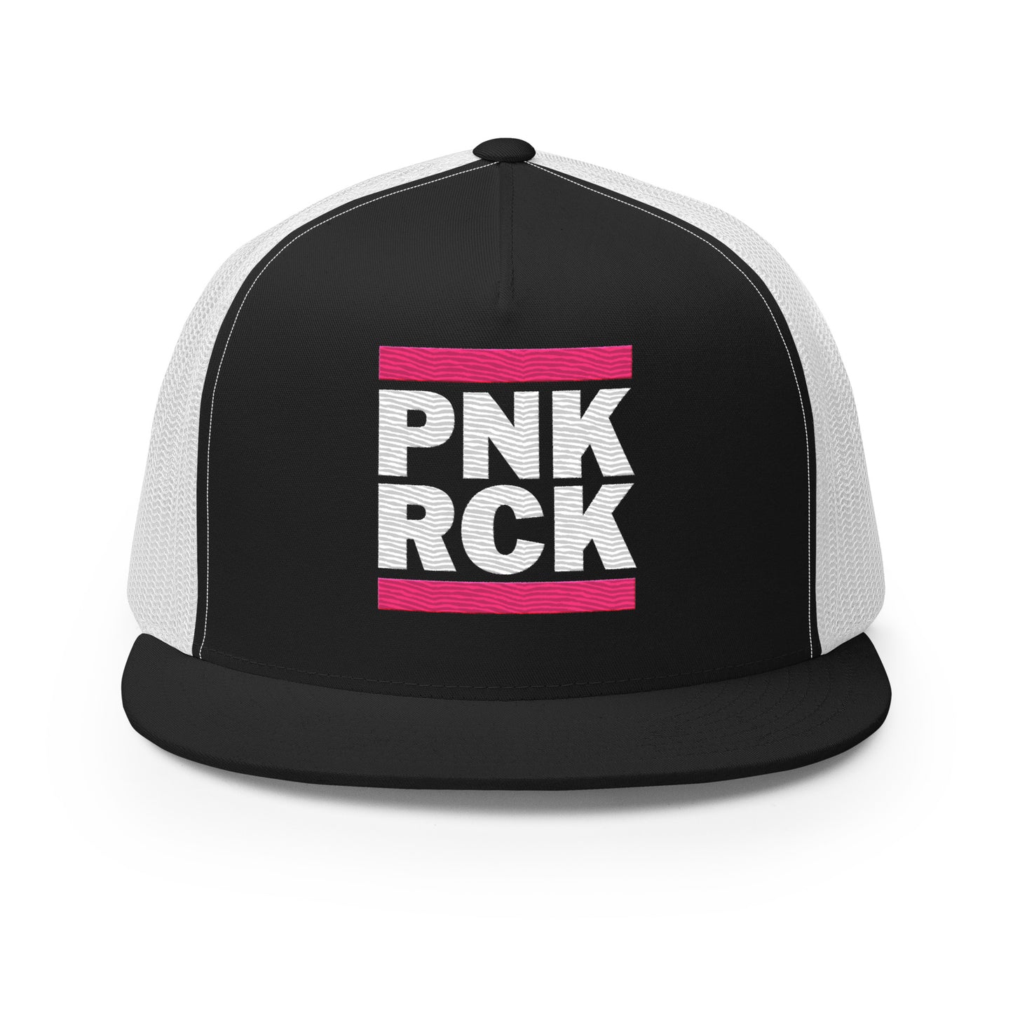 Black and white cap with 'PNK RCK' text on a white background