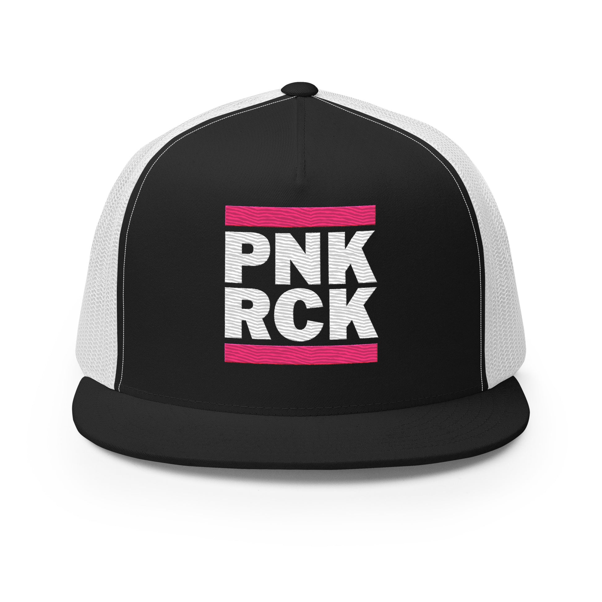 Black and white cap with 'PNK RCK' text on a white background