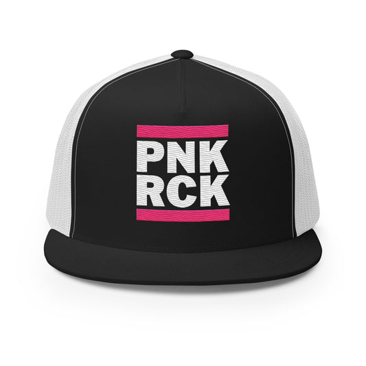 Black and white cap with 'PNK RCK' text on a white background