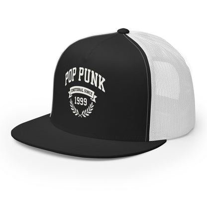 Black and white trucker cap with 'Pop Punk Emotional Since 1999' text on a white background