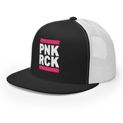 Black and white trucker cap with 'PNK RCK' text on a white background