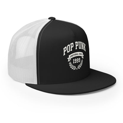 Black and white cap with 'Pop Punk Emotional Since 1999' text on a white background