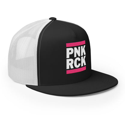 Black and white cap with 'PNK RCK' text on a white background