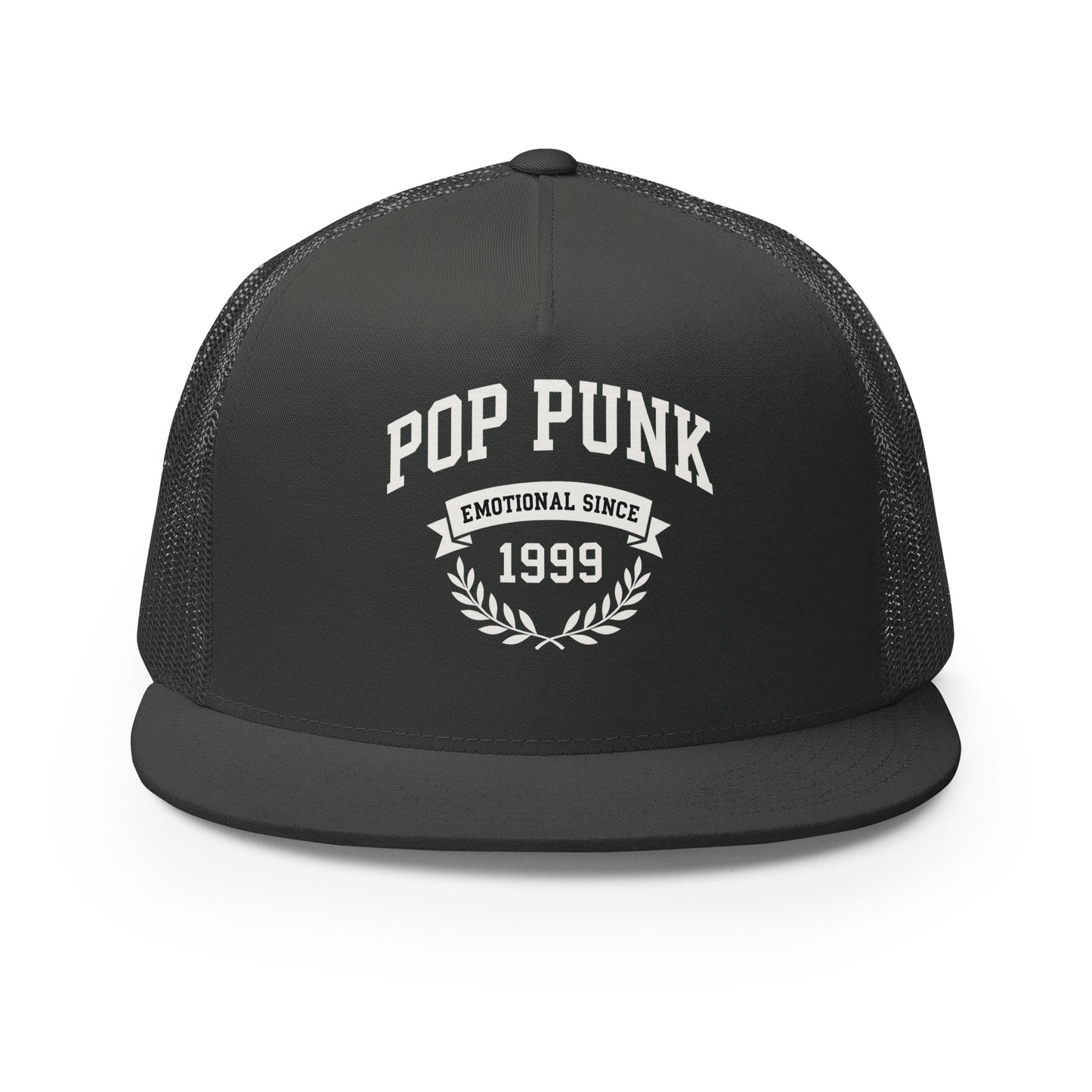 Black trucker cap with 'Pop Punk Emotional Since 1999' text on a white background