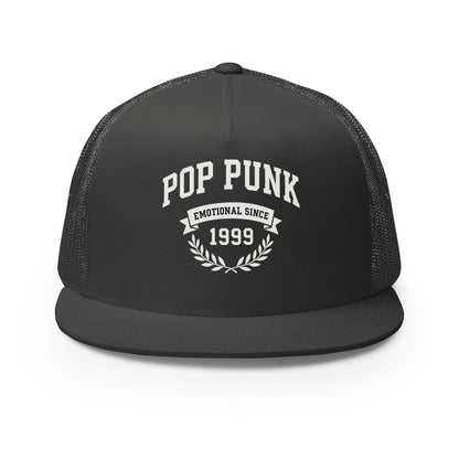 Black trucker cap with 'Pop Punk Emotional Since 1999' text on a white background
