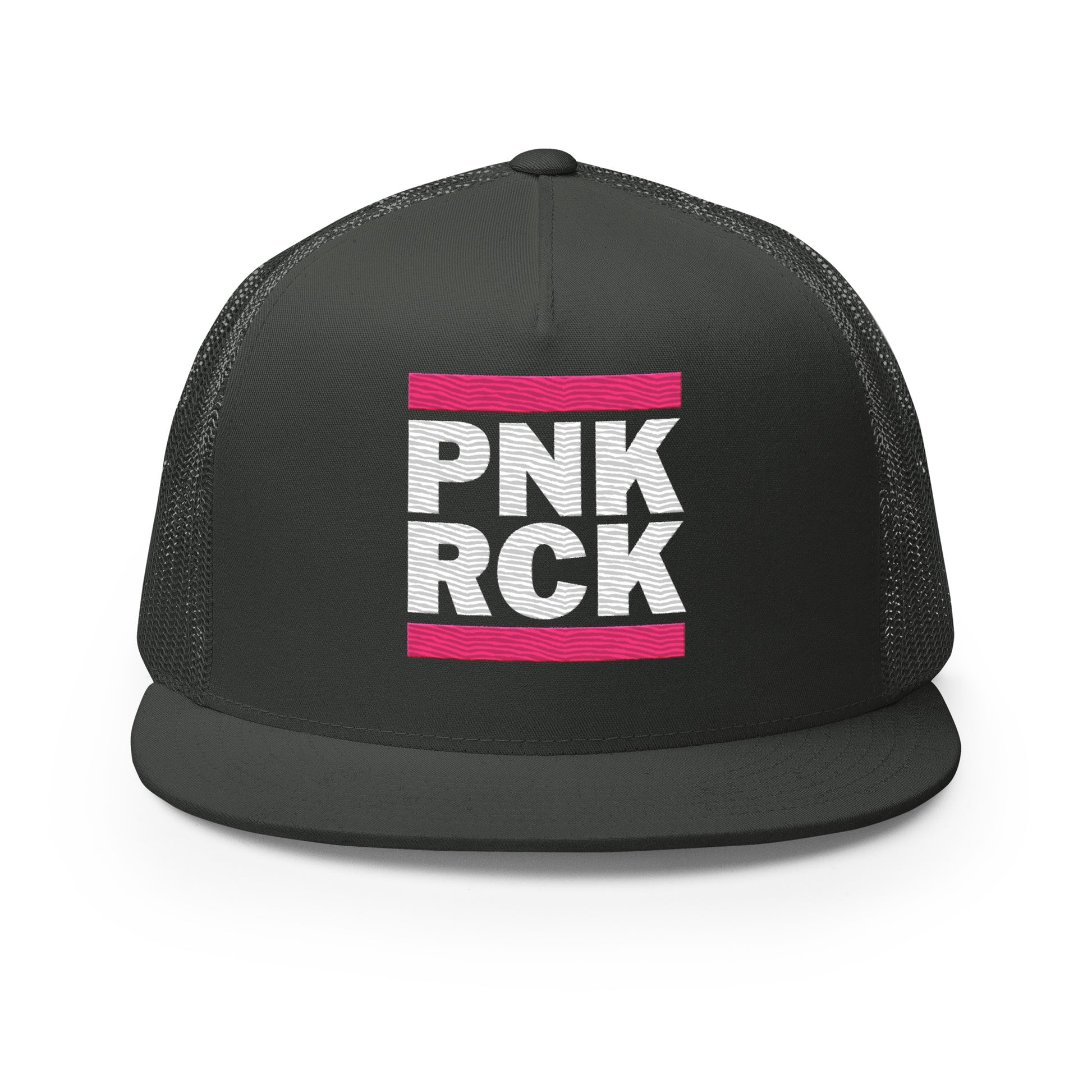 Black trucker cap with 'PNK RCK' text on a white background