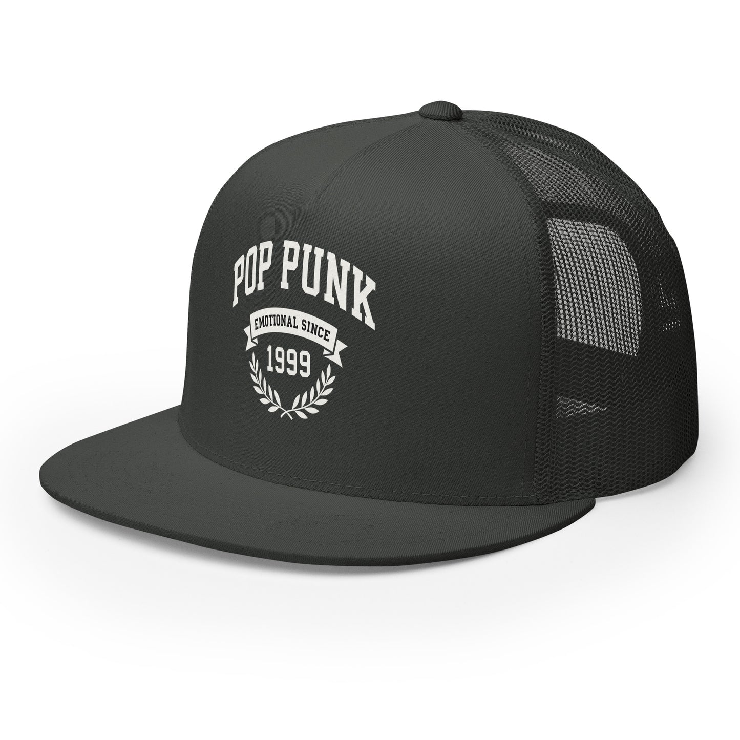 Black trucker cap with 'Pop Punk Emotional Since 1999' text on a white background