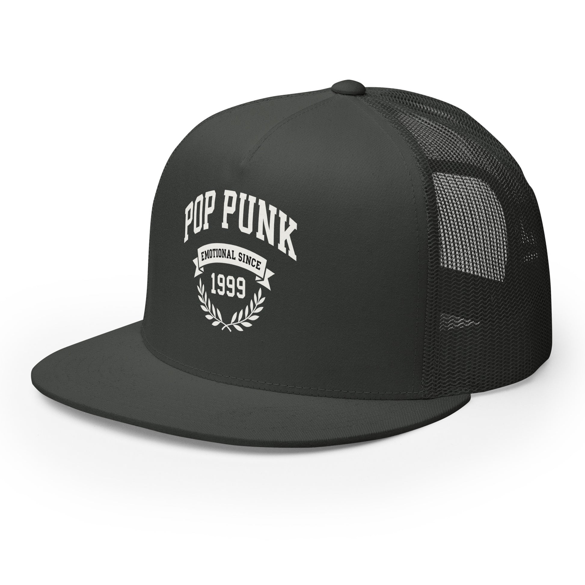 Black trucker cap with 'Pop Punk Emotional Since 1999' text on a white background
