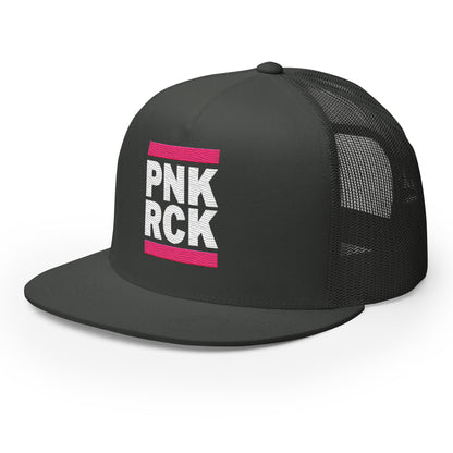 Black trucker cap with 'PNK RCK' text on a white background