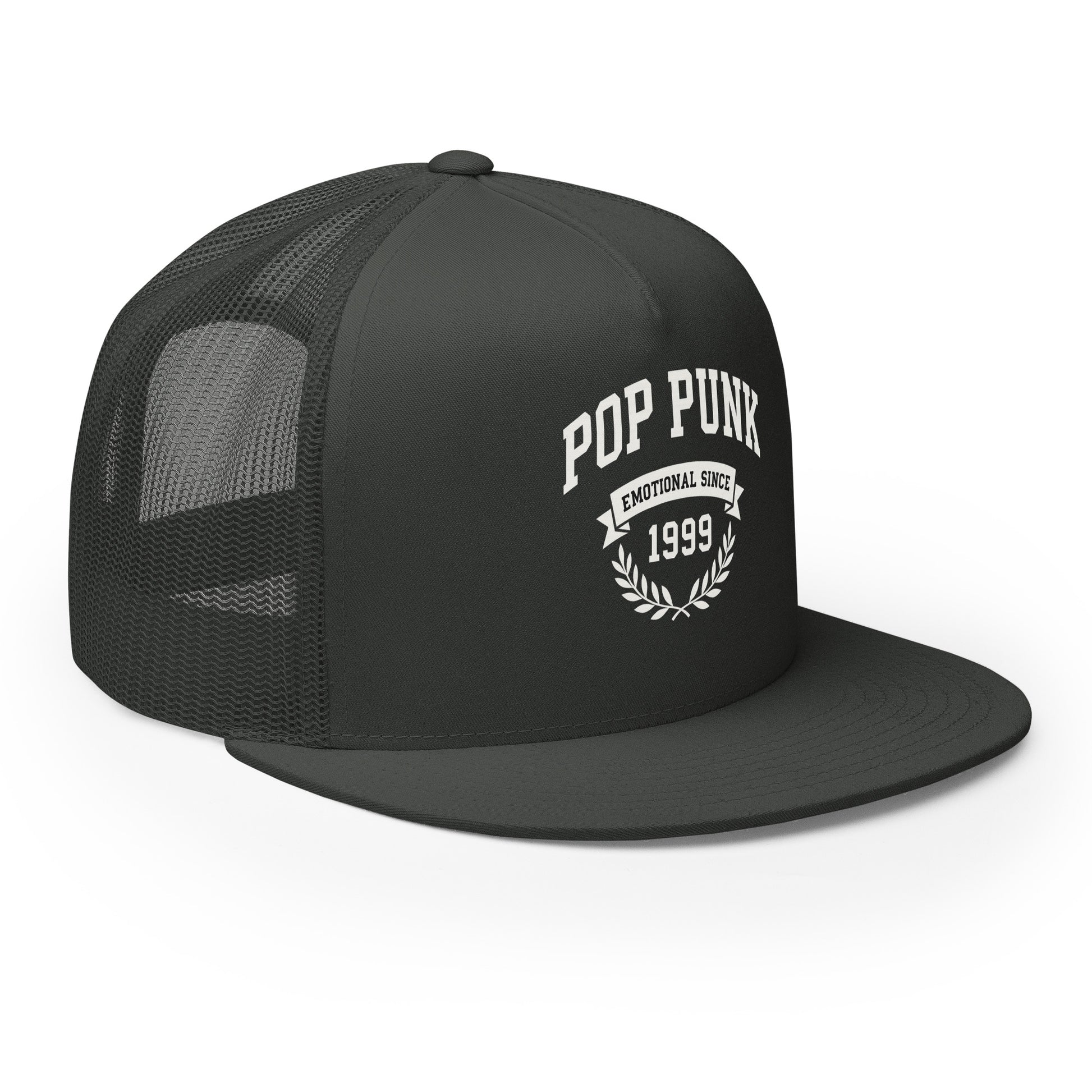 Black mesh cap with 'Pop Punk Emotional Sinister 1999' text on a white background