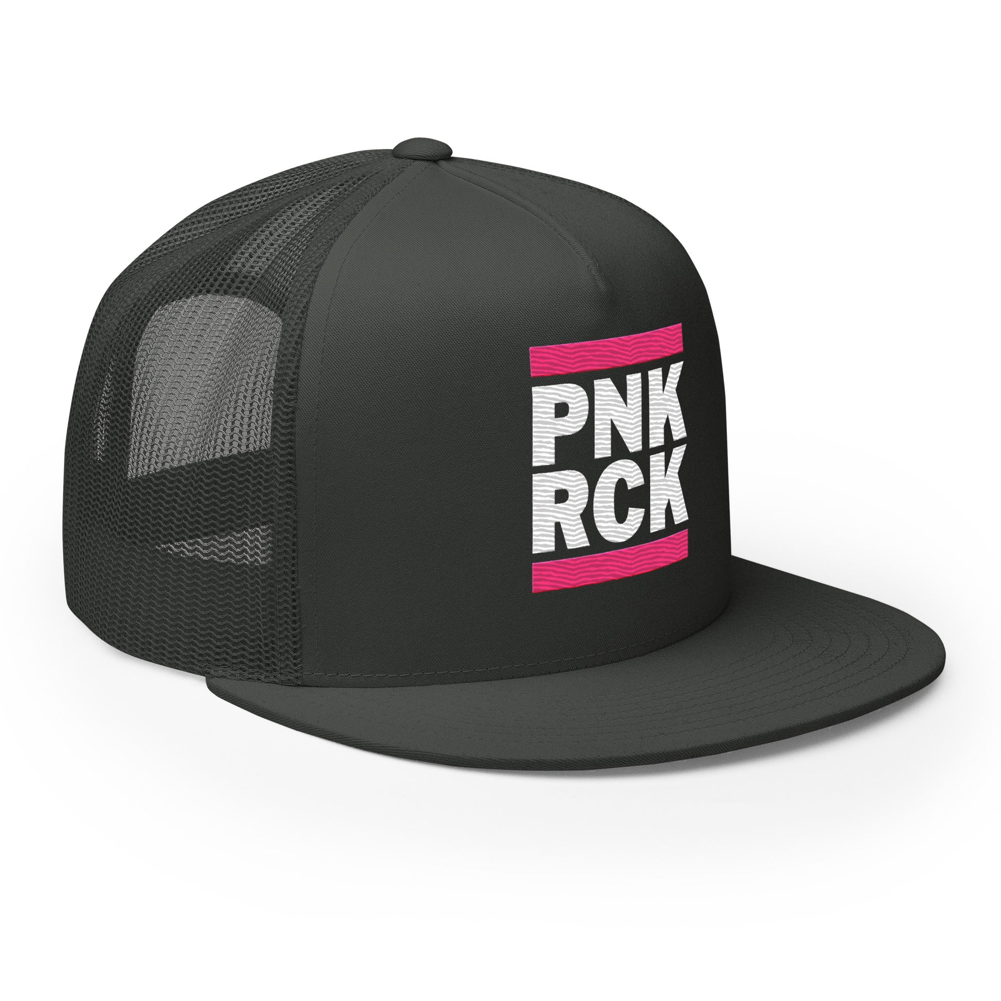 Black mesh cap with 'PNK RCK' text on a white background