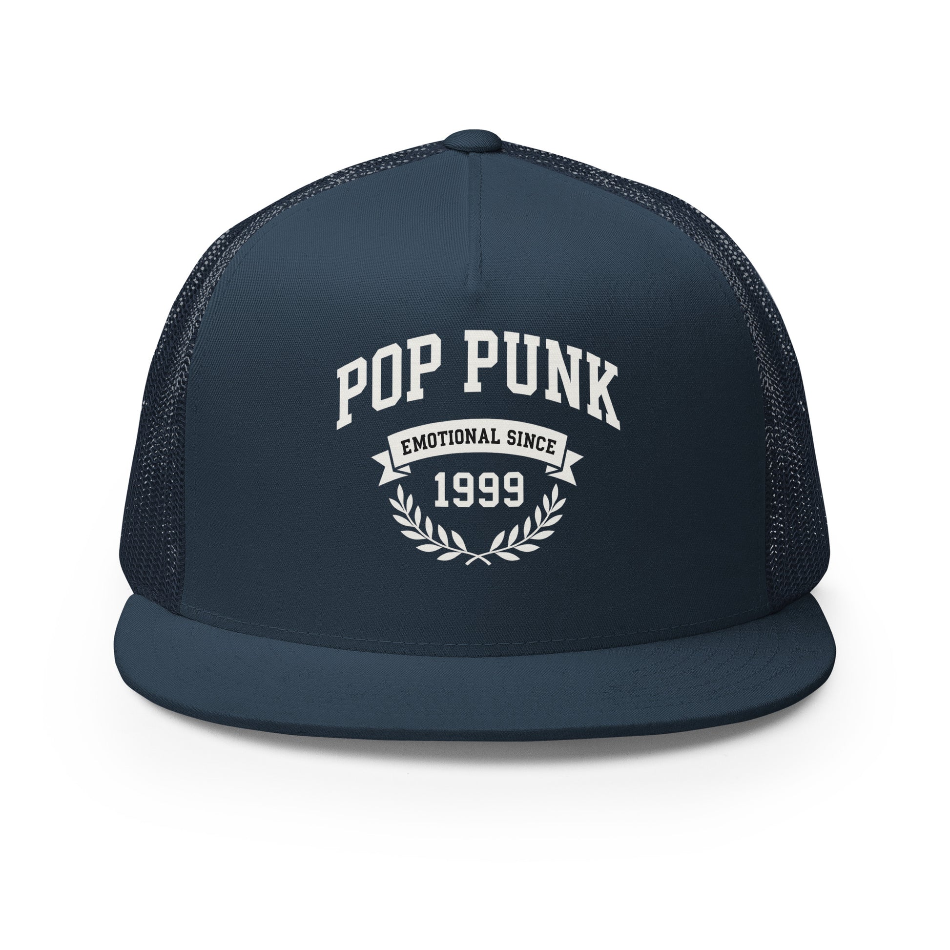 Navy blue cap with 'Pop Punk Emotional Since 1999' text on a white background