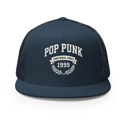 Navy blue cap with 'Pop Punk Emotional Since 1999' text on a white background