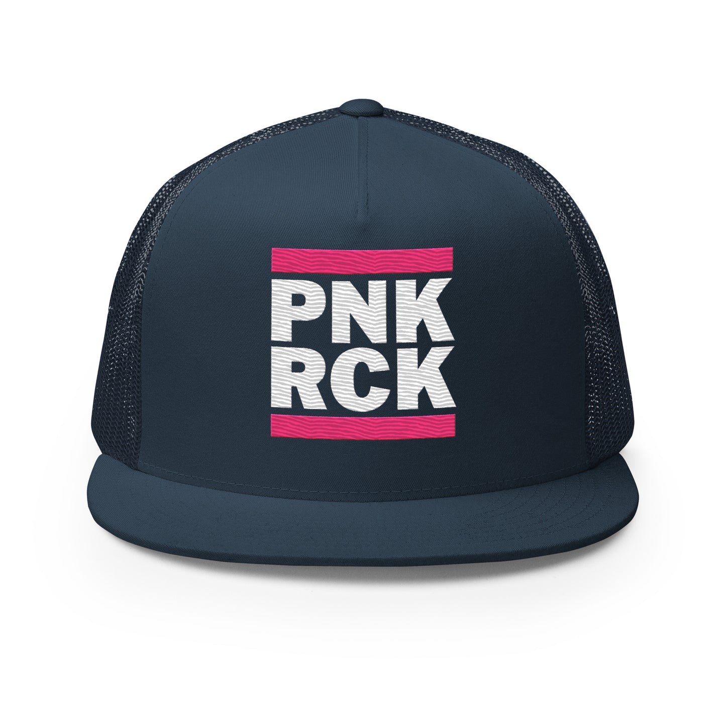 Navy blue cap with 'PNK RCK' text in white and pink on a white background