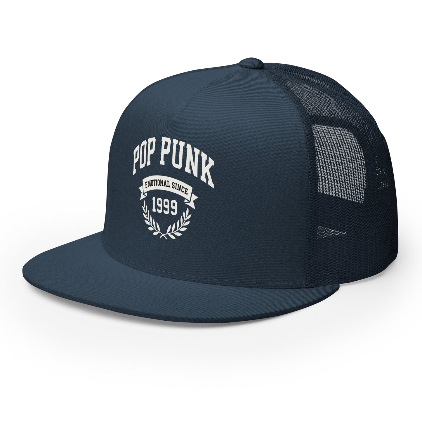 Navy blue trucker cap with 'Pop Punk Emotional Since 1999' text on a white background