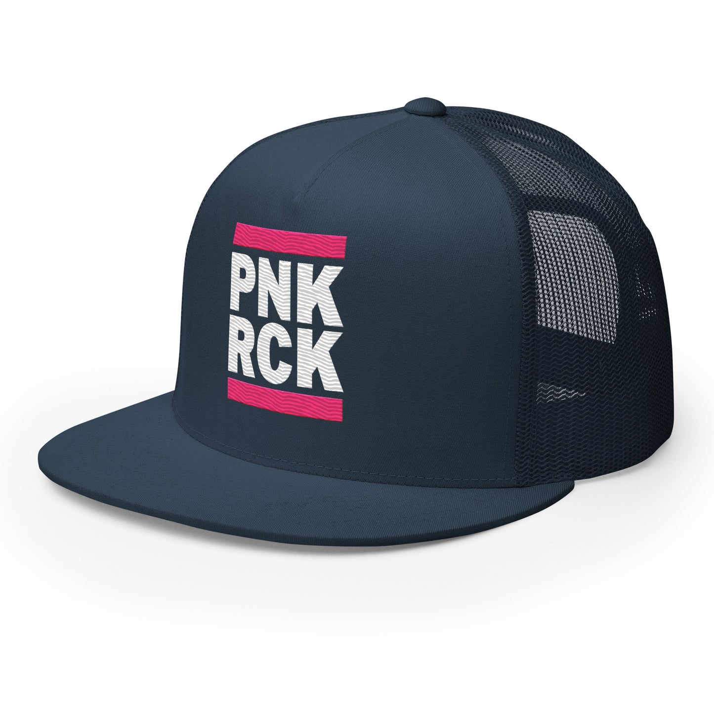 Navy blue trucker cap with 'PNK RCK' text on a white background