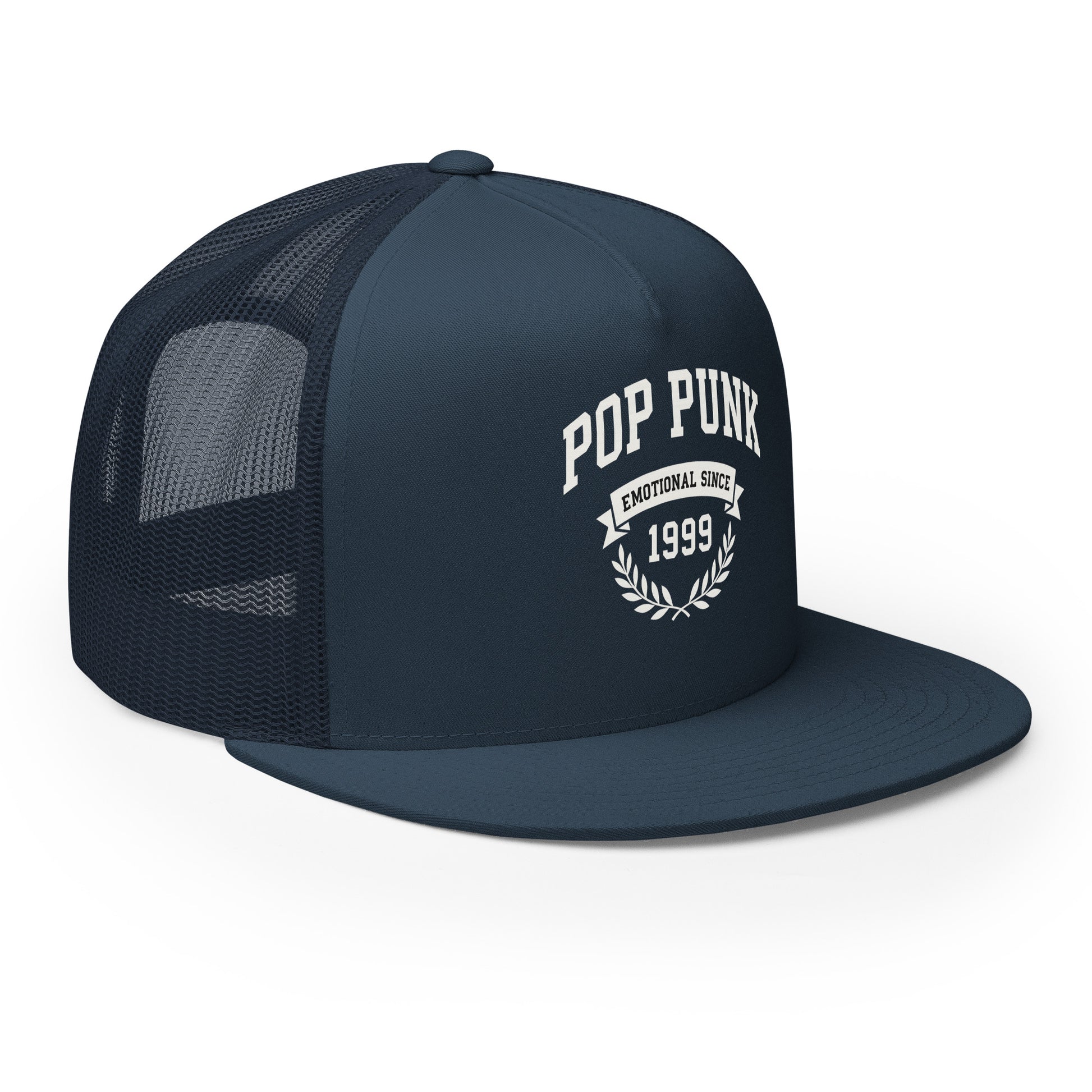 Navy blue cap with 'Pop Punk Emotional Sins 1999' text on a white background